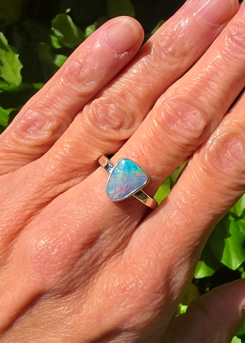 Australian Opal Triangular Statement Ring In Solid Sterling Silver. Size 6.75