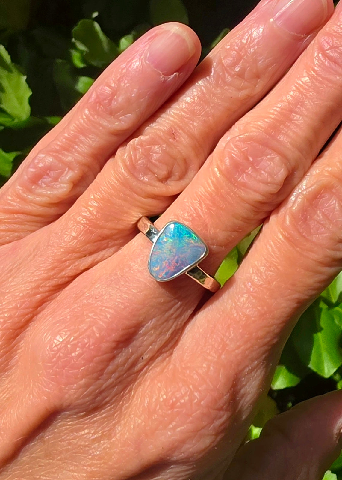 Australian Opal Triangular Statement Ring In Solid Sterling Silver. Size 6.75