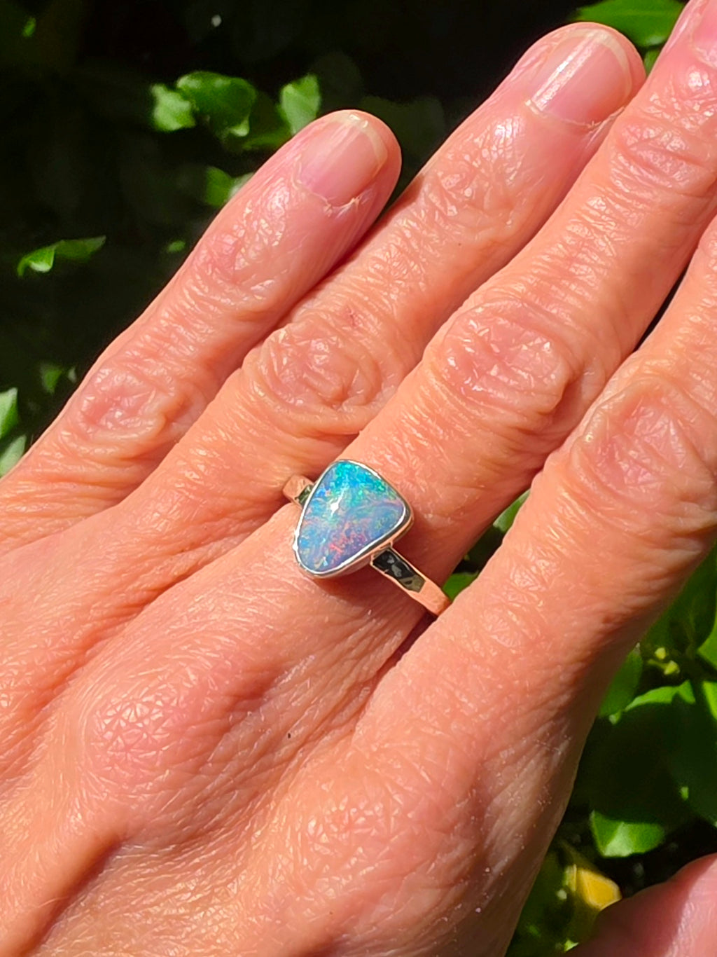 Australian Opal Triangular Statement Ring In Solid Sterling Silver. Size 6.75