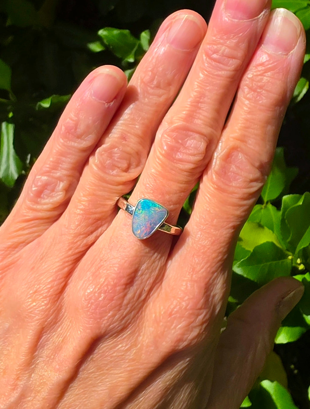 Australian Opal Triangular Statement Ring In Solid Sterling Silver. Size 6.75