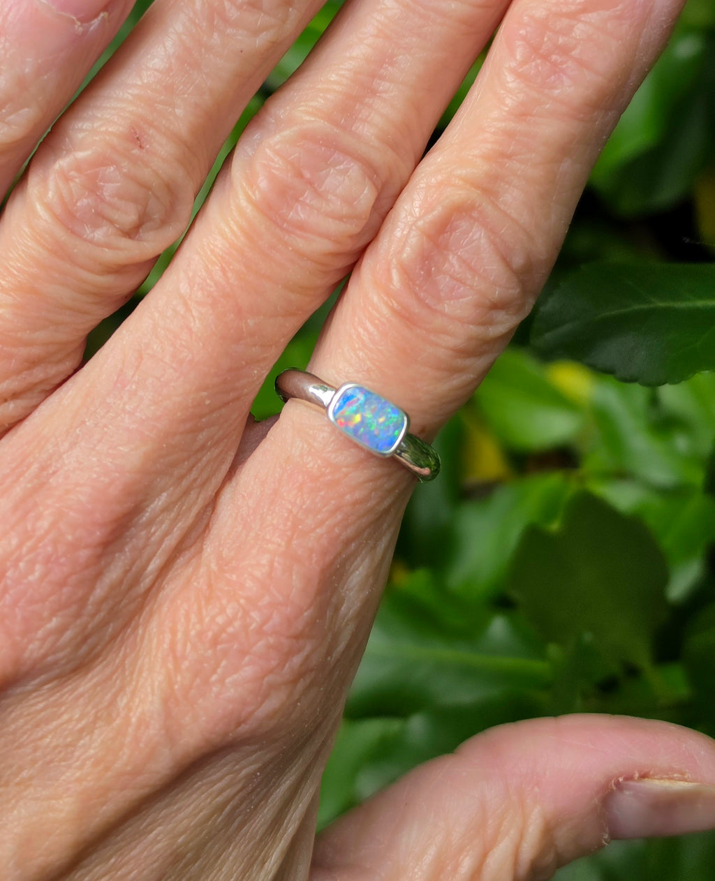 Australian Opal Rectangular Statement Ring in Solid Sterling Silver. Size 6