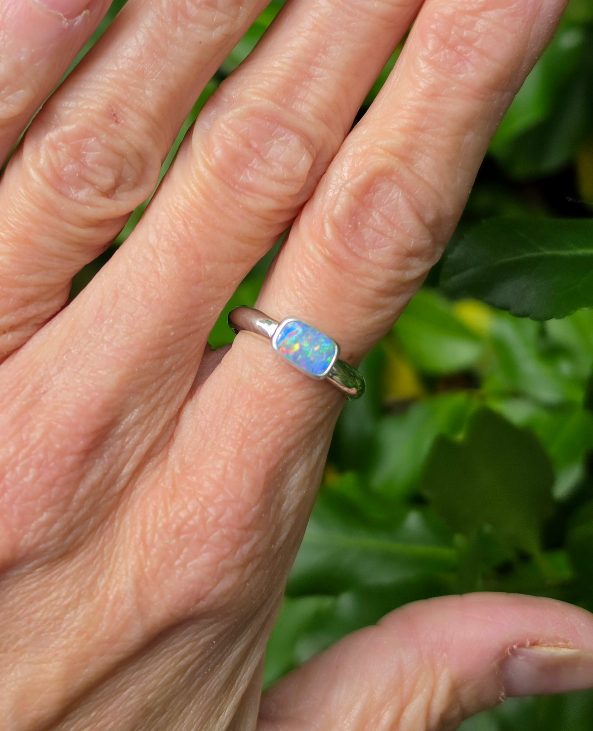 Australian Opal Rectangular Statement Ring in Solid Sterling Silver. Size 6