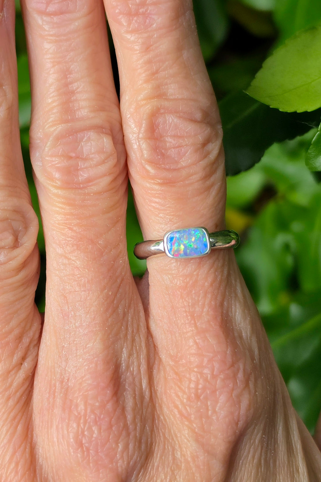 Australian Opal Rectangular Statement Ring in Solid Sterling Silver. Size 6