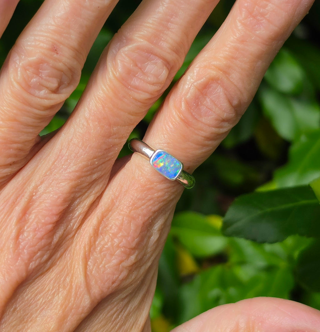 Australian Opal Rectangular Statement Ring in Solid Sterling Silver. Size 6