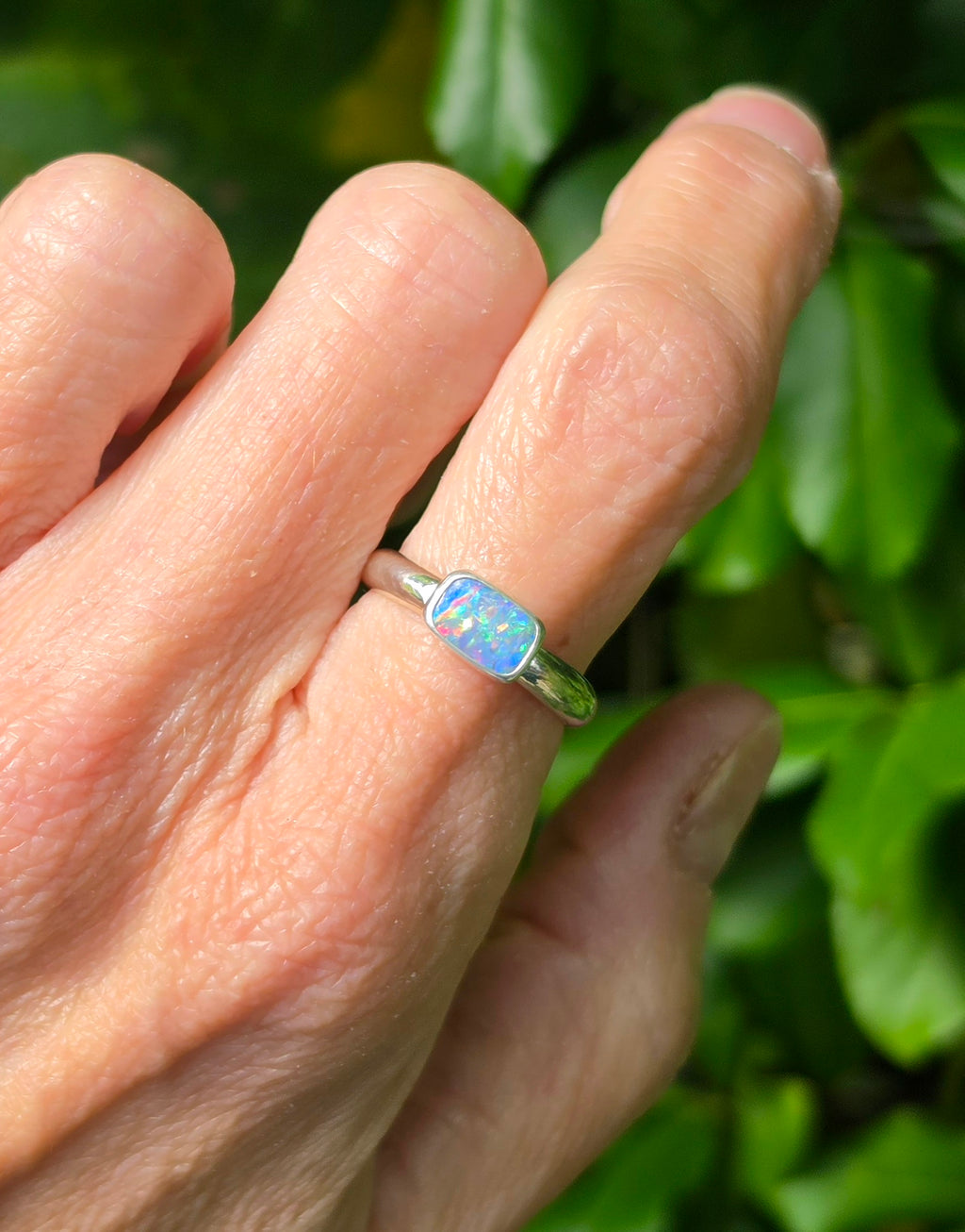 Australian Opal Rectangular Statement Ring in Solid Sterling Silver. Size 6