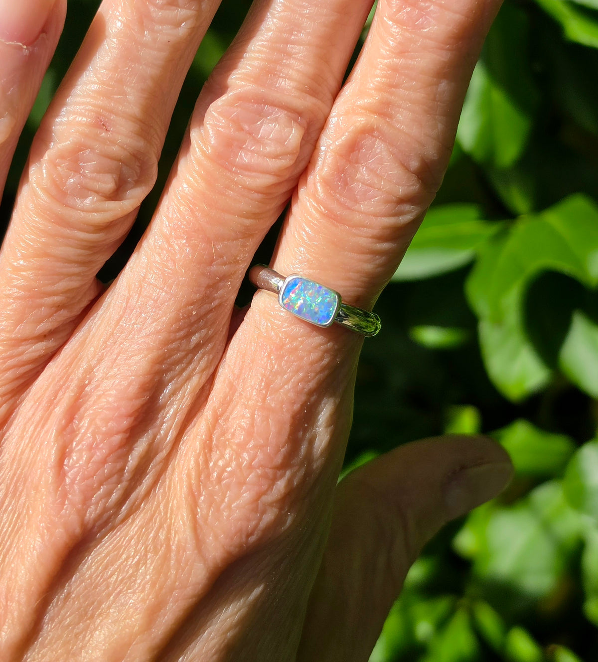Australian Opal Rectangular Statement Ring in Solid Sterling Silver. Size 6