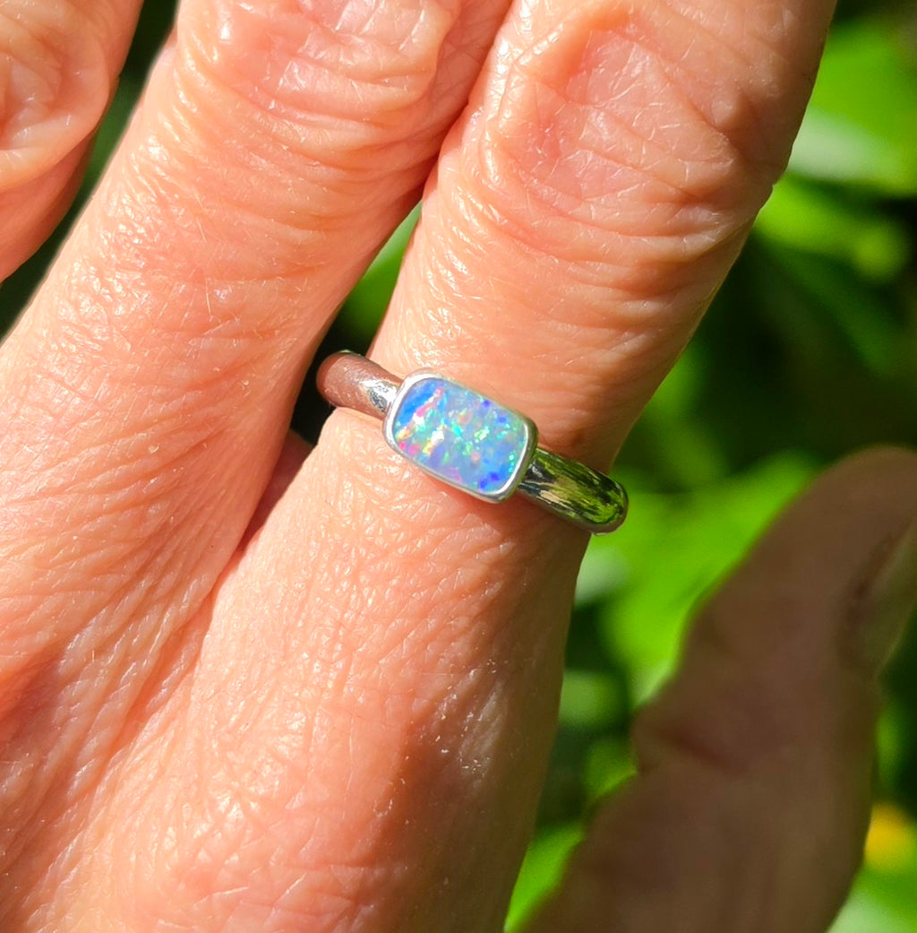 Australian Opal Rectangular Statement Ring in Solid Sterling Silver. Size 6