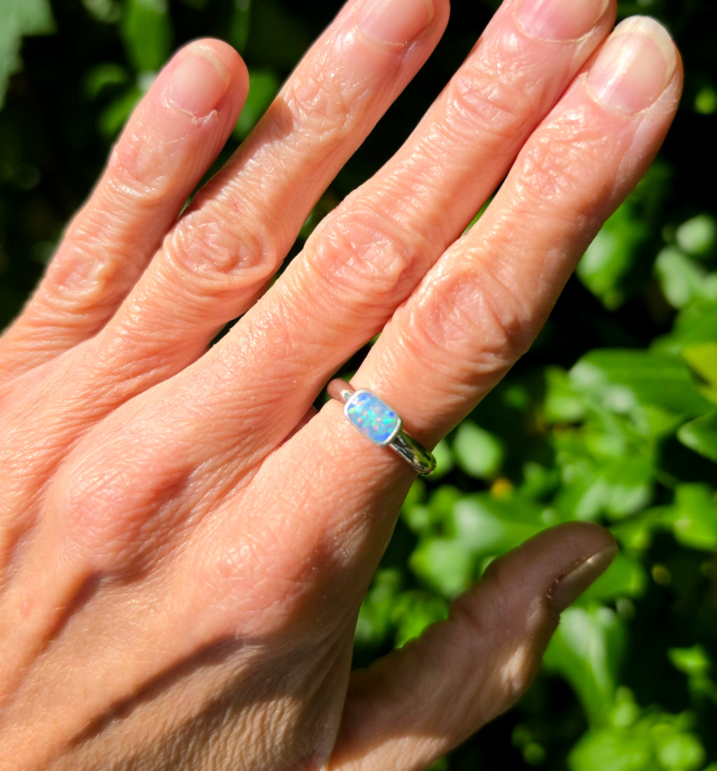 Australian Opal Rectangular Statement Ring in Solid Sterling Silver. Size 6