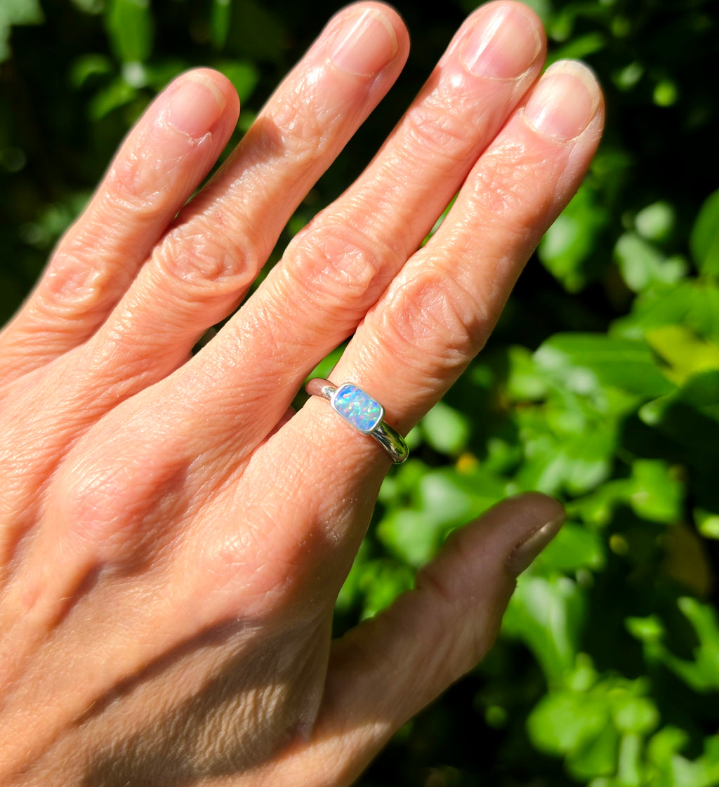 Australian Opal Rectangular Statement Ring in Solid Sterling Silver. Size 6