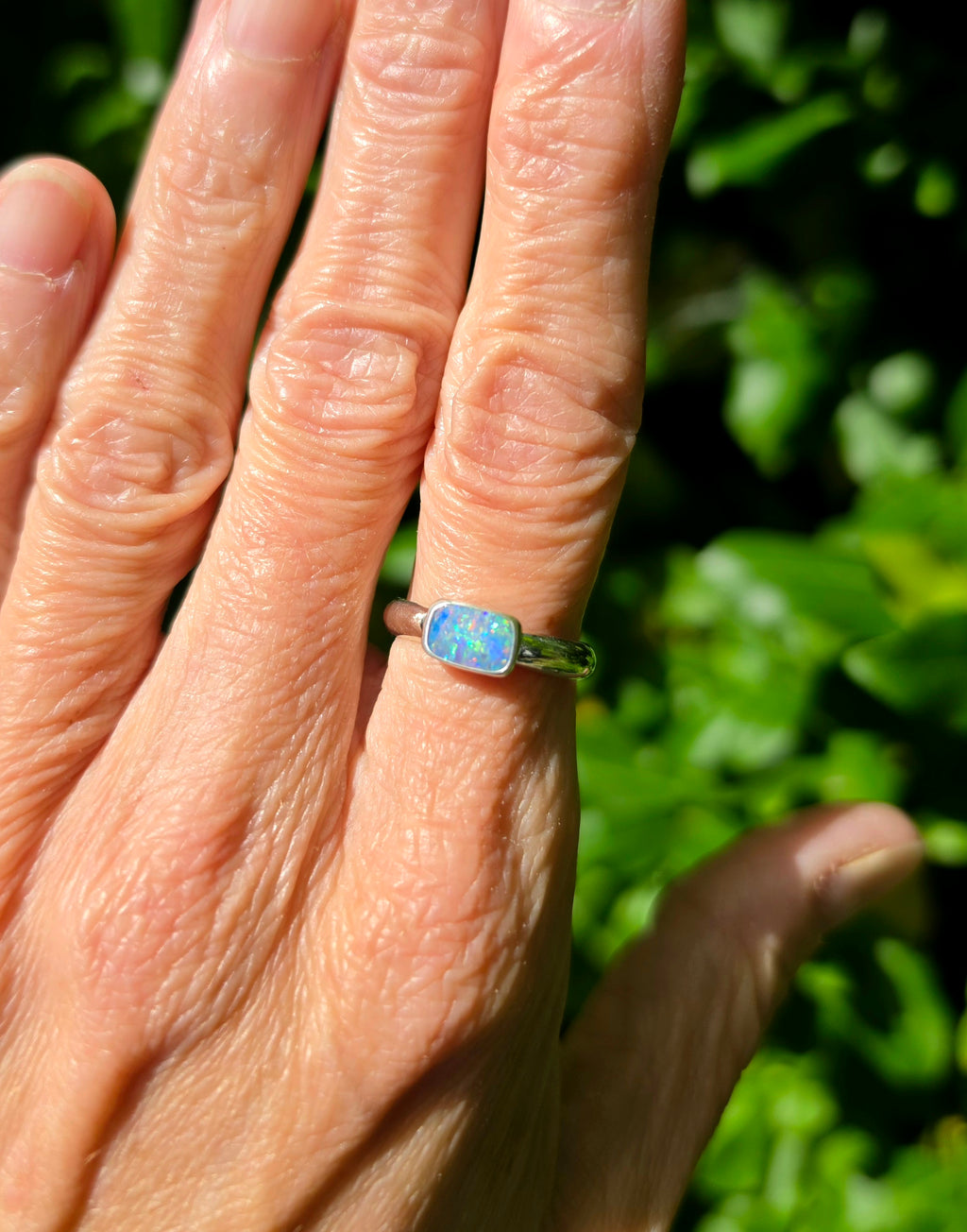 Australian Opal Rectangular Statement Ring in Solid Sterling Silver. Size 6
