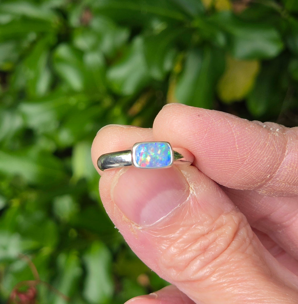 Australian Opal Rectangular Statement Ring in Solid Sterling Silver. Size 6