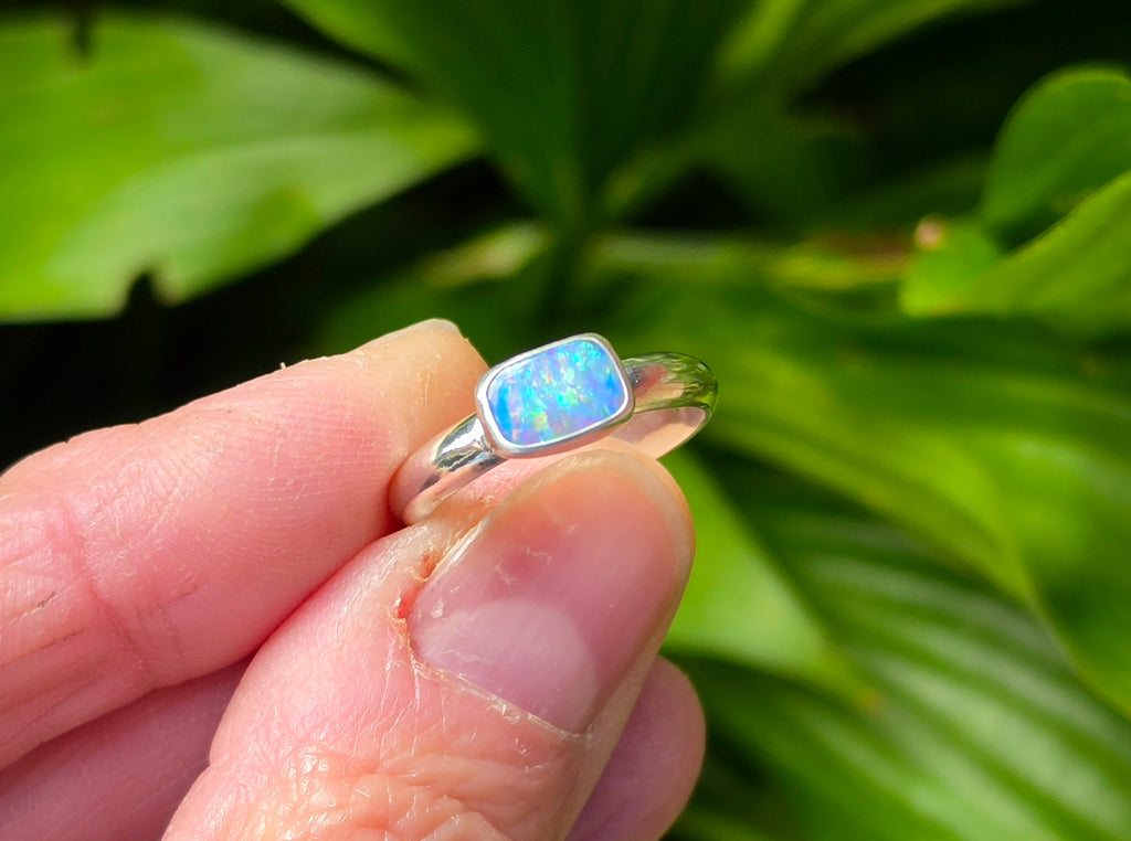Australian Opal Rectangular Statement Ring in Solid Sterling Silver. Size 6