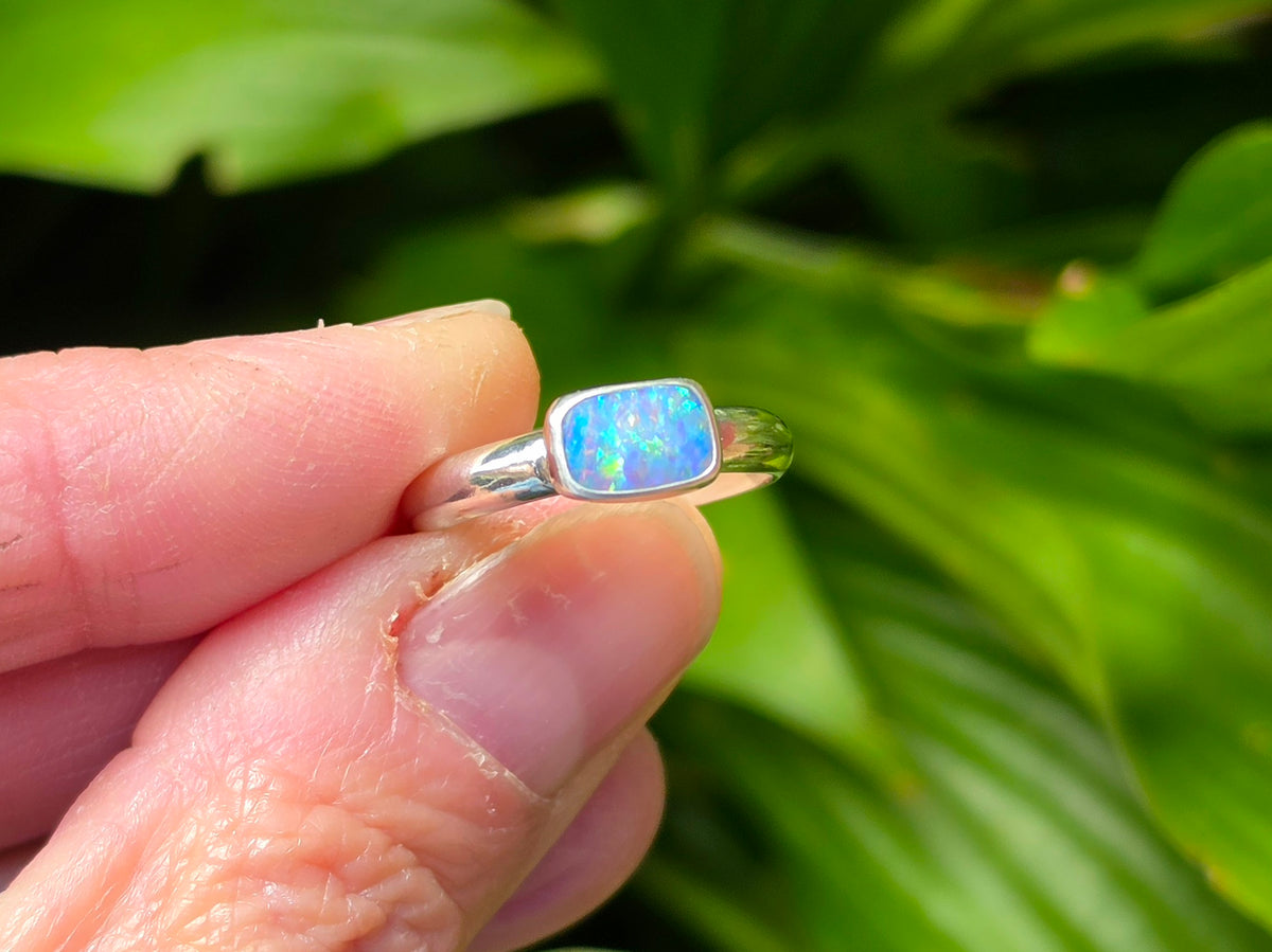 Australian Opal Rectangular Statement Ring in Solid Sterling Silver. Size 6