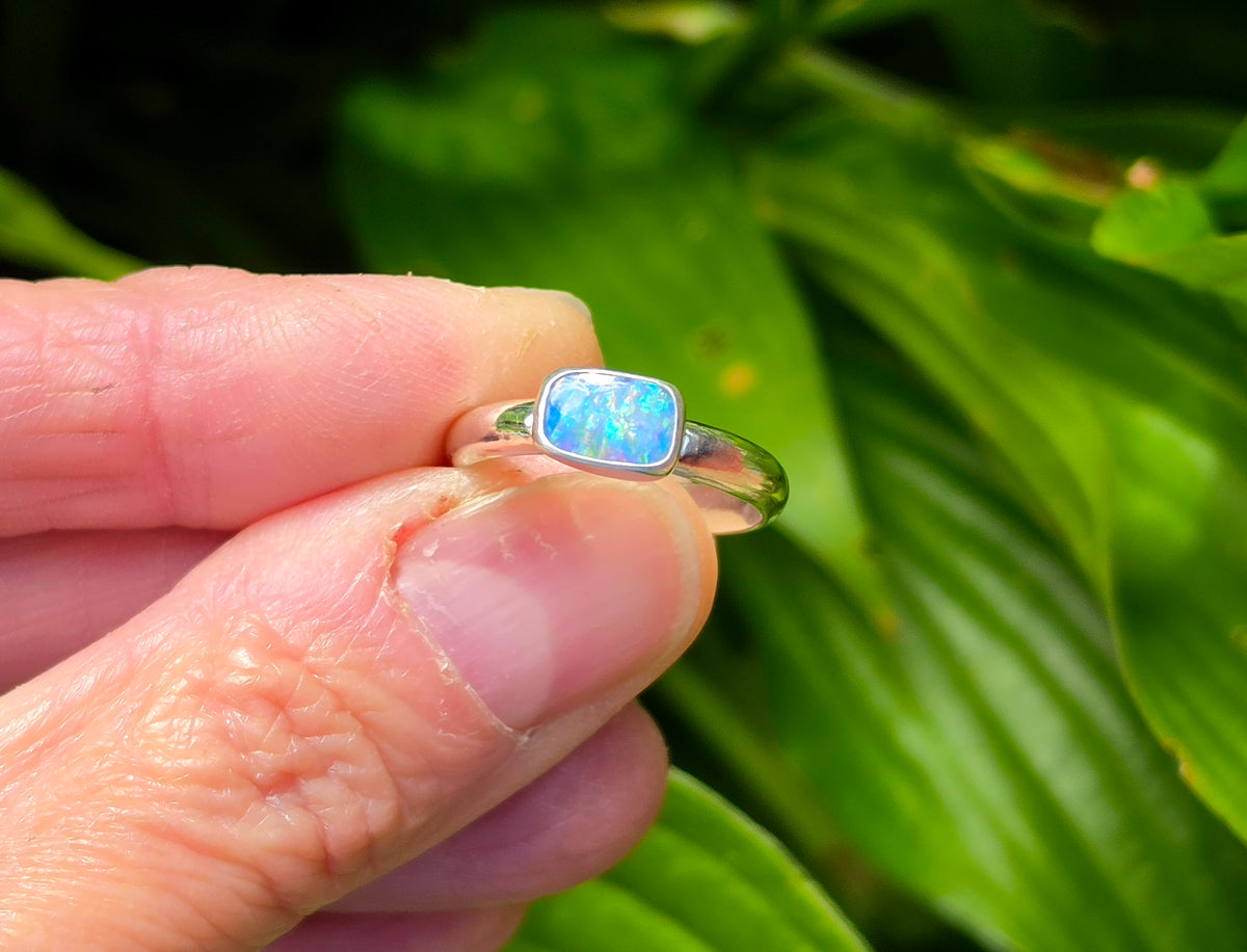 Australian Opal Rectangular Statement Ring in Solid Sterling Silver. Size 6
