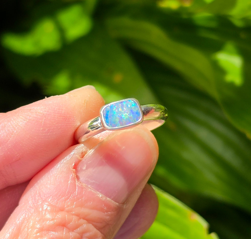 Australian Opal Rectangular Statement Ring in Solid Sterling Silver. Size 6