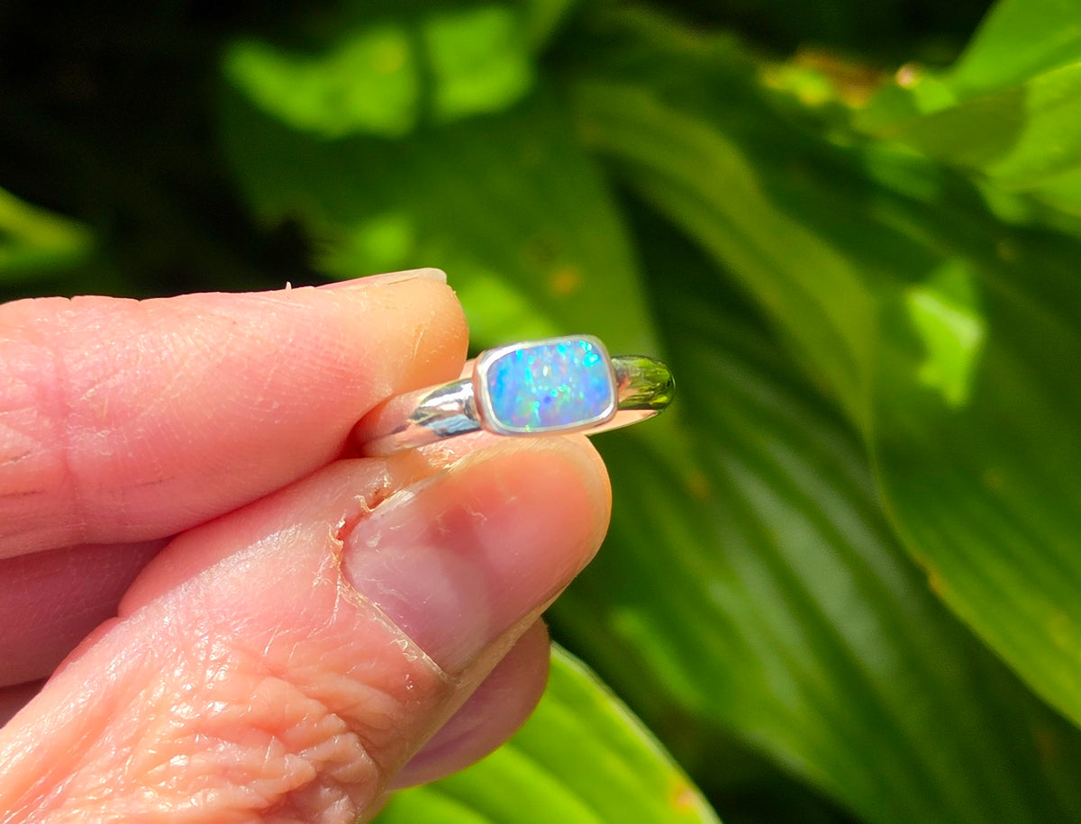 Australian Opal Rectangular Statement Ring in Solid Sterling Silver. Size 6
