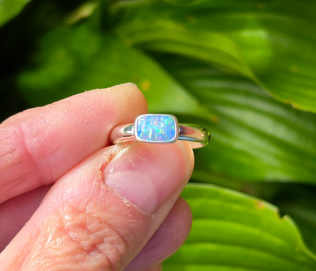 Australian Opal Rectangular Statement Ring in Solid Sterling Silver. Size 6