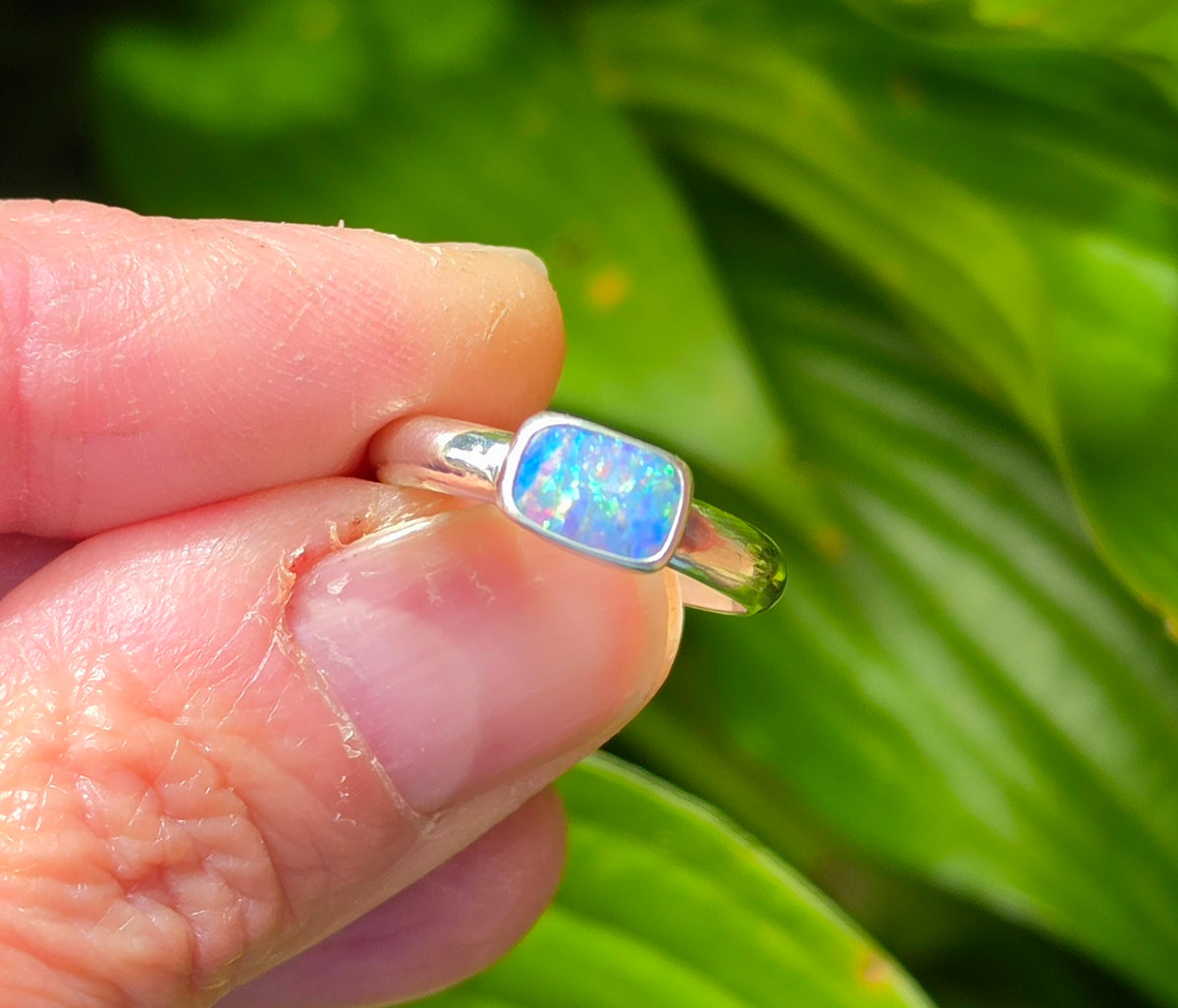 Australian Opal Rectangular Statement Ring in Solid Sterling Silver. Size 6