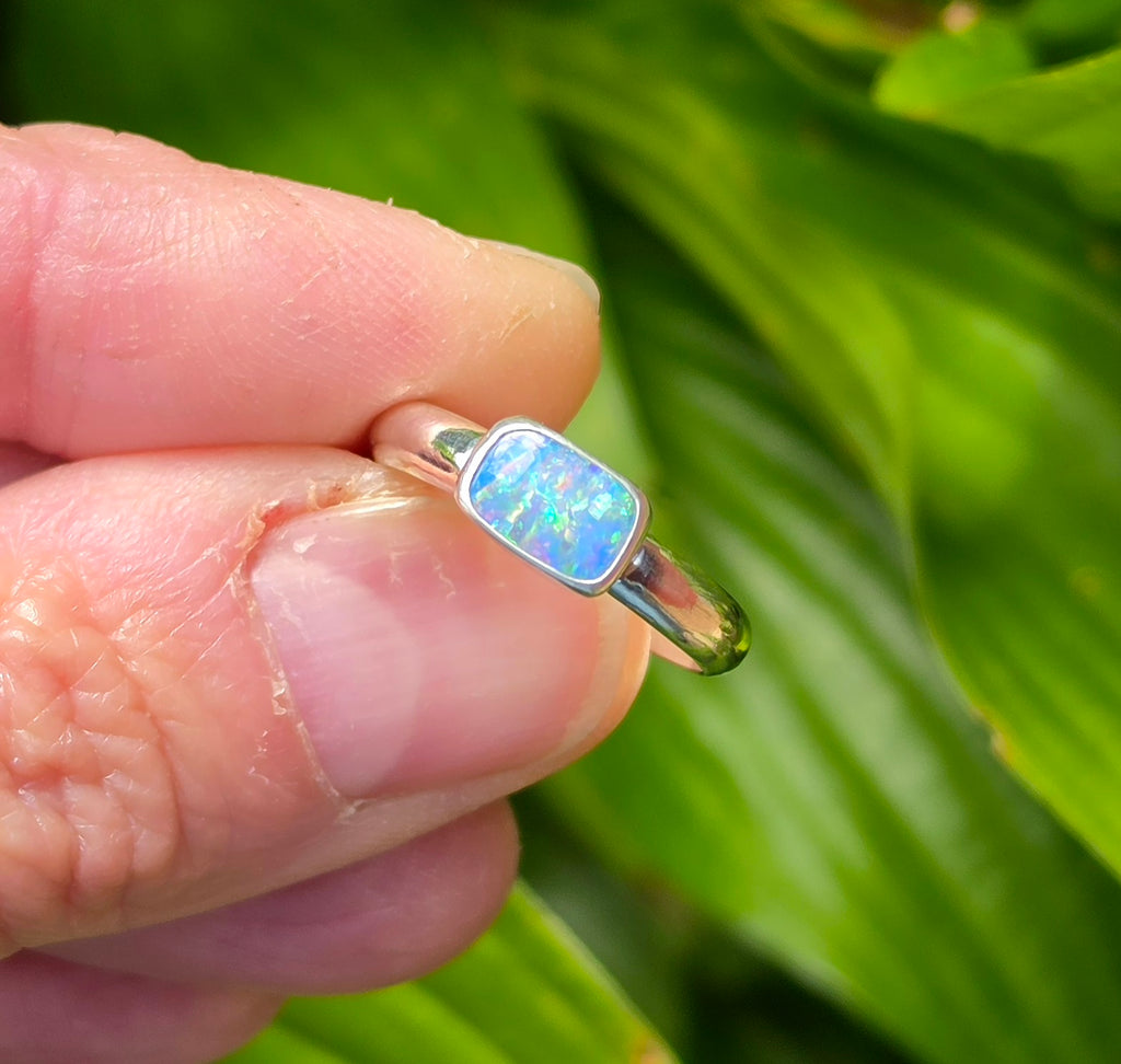 Australian Opal Rectangular Statement Ring in Solid Sterling Silver. Size 6