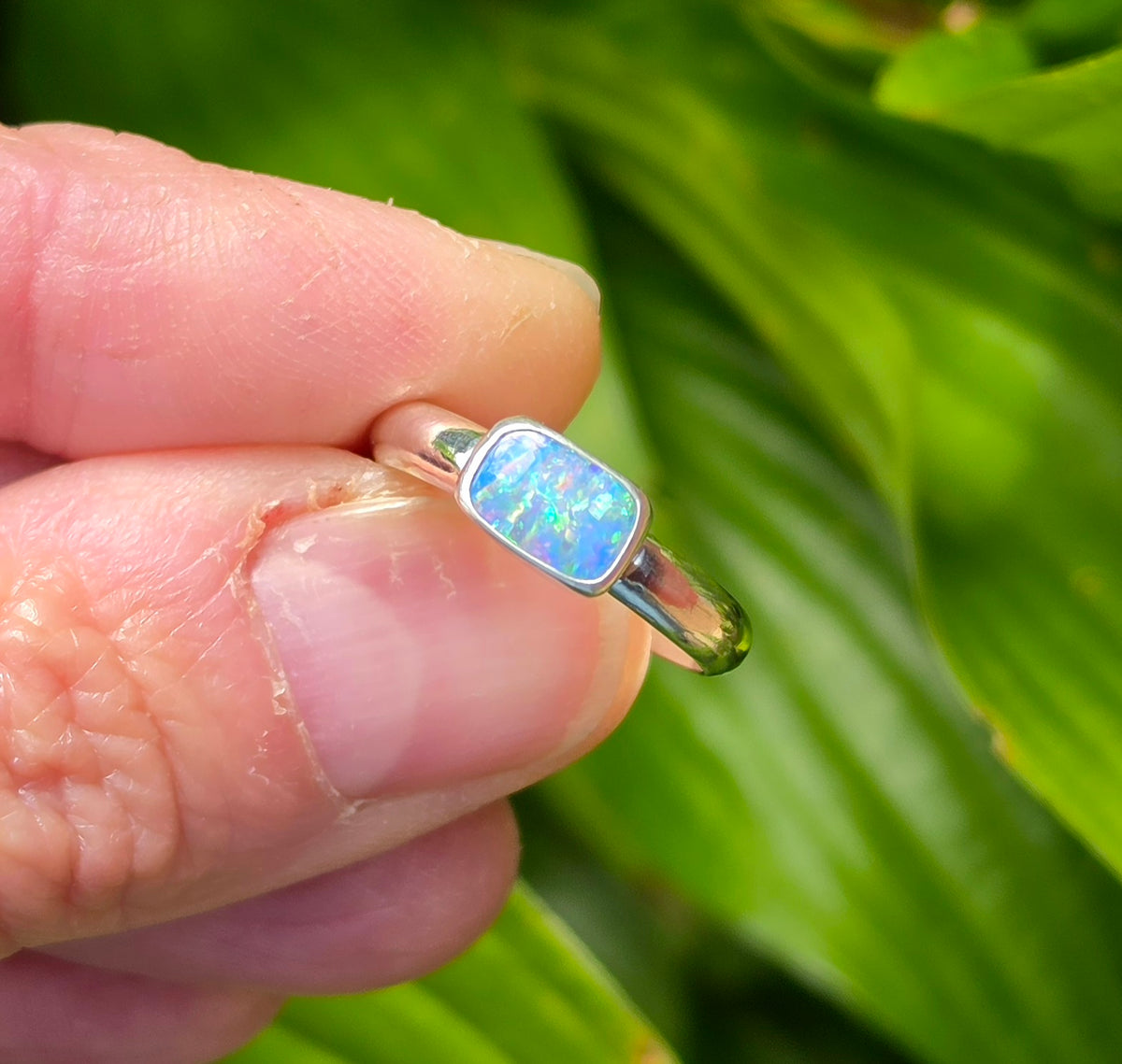 Australian Opal Rectangular Statement Ring in Solid Sterling Silver. Size 6