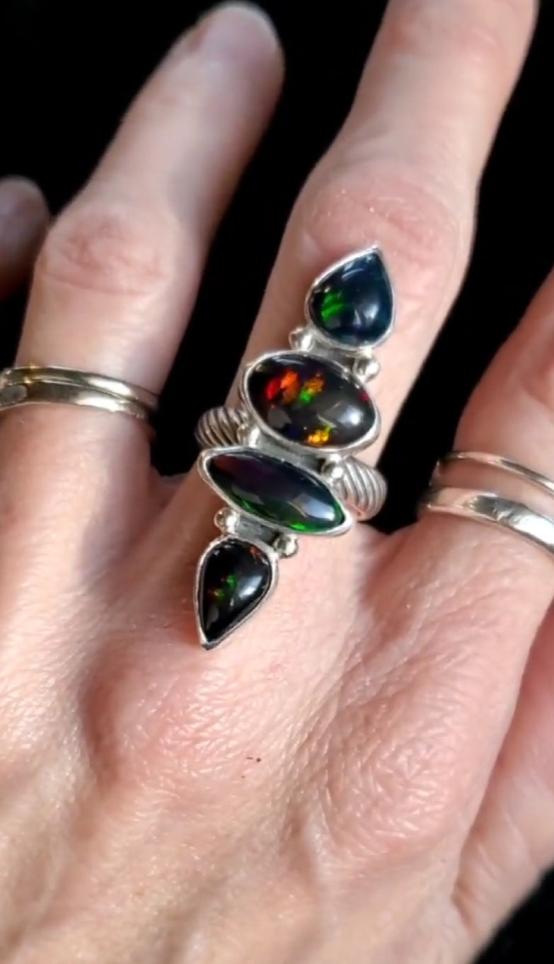 Black Opal Four Stone Statement Ring In Solid Sterling Silver