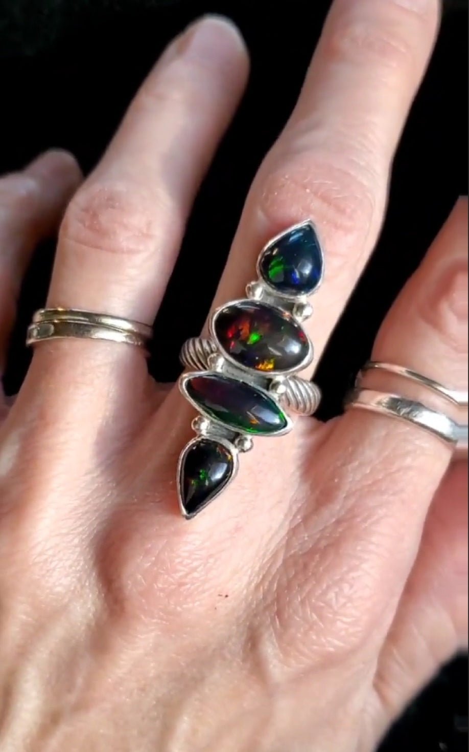 Black Opal Four Stone Statement Ring In Solid Sterling Silver