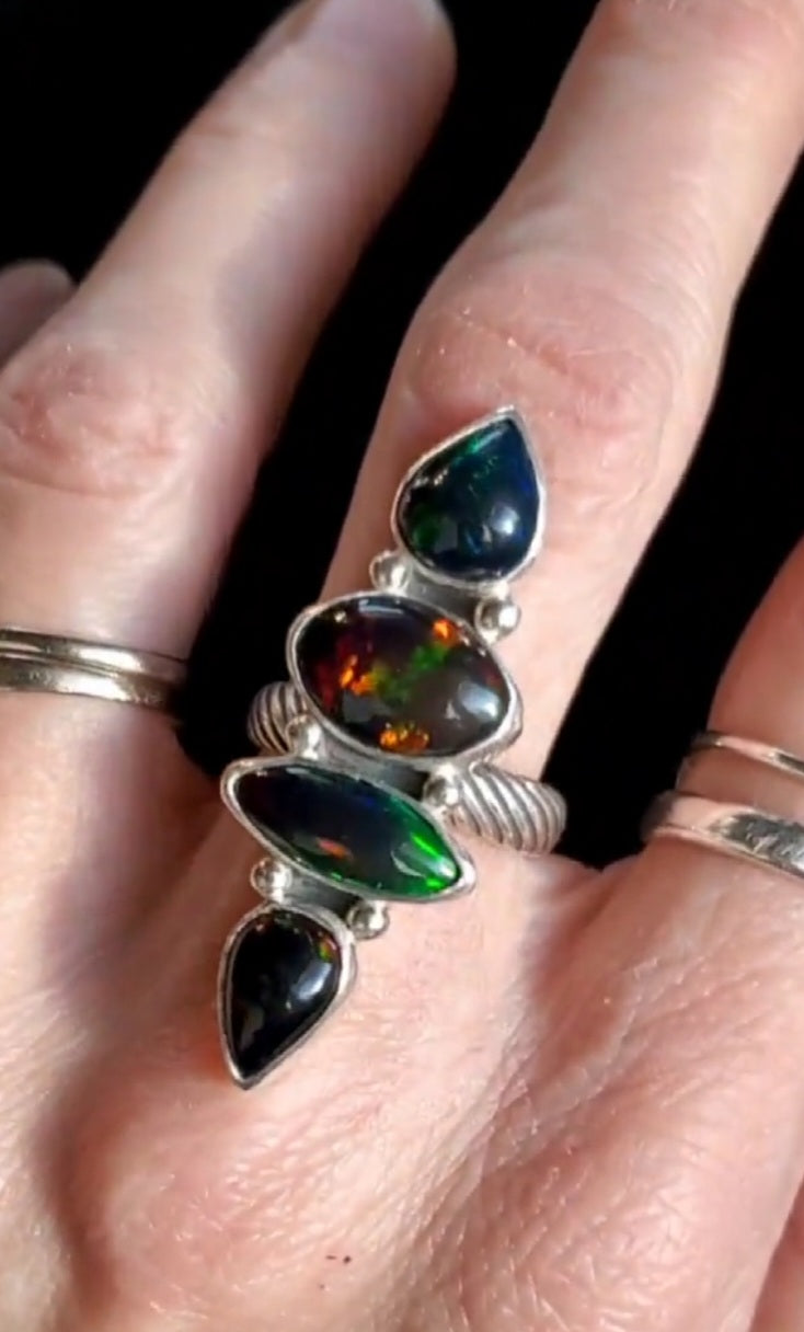 Black Opal Four Stone Statement Ring In Solid Sterling Silver