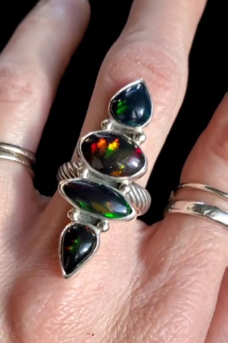 Black Opal Four Stone Statement Ring In Solid Sterling Silver