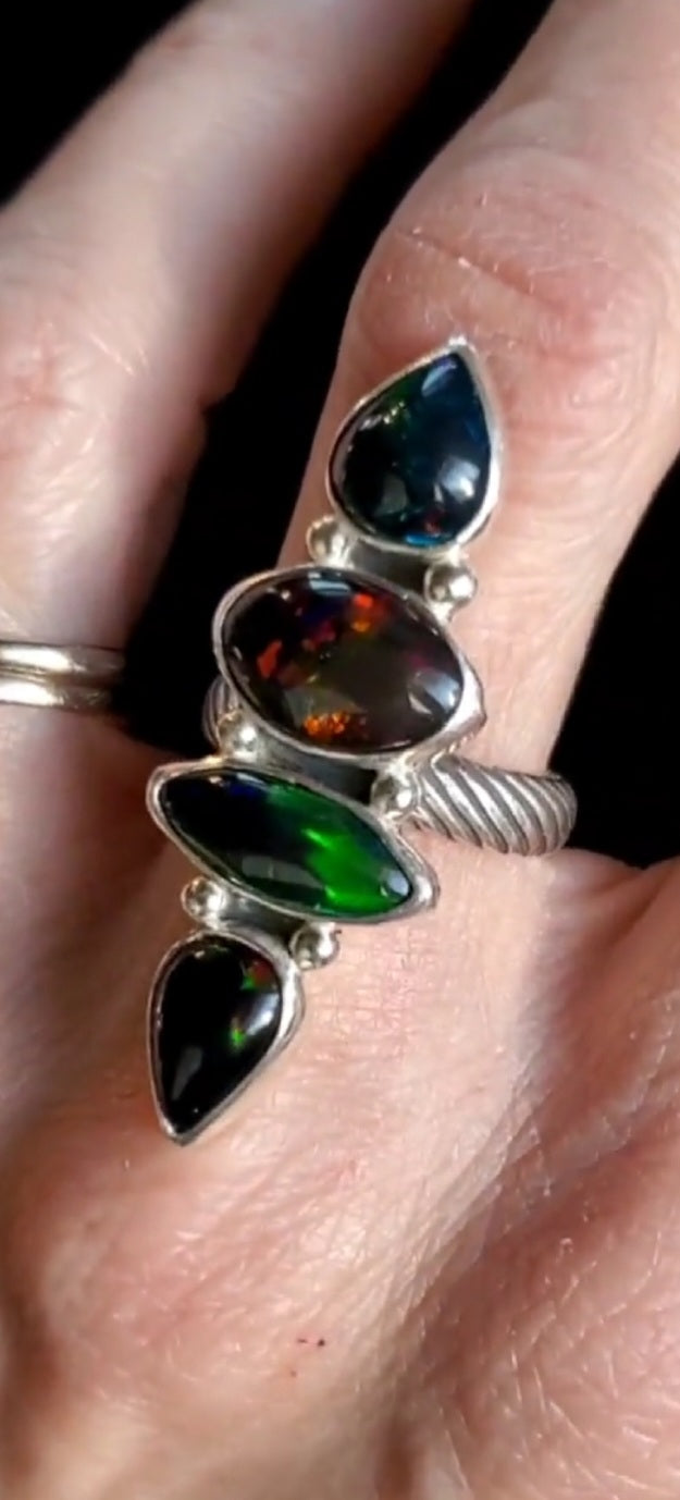 Black Opal Four Stone Statement Ring In Solid Sterling Silver