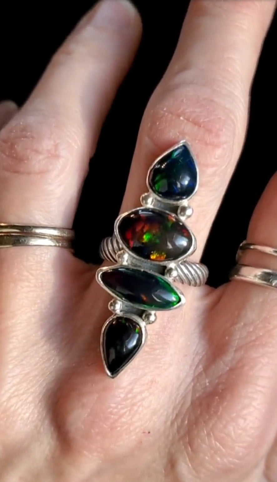 Black Opal Four Stone Statement Ring In Solid Sterling Silver