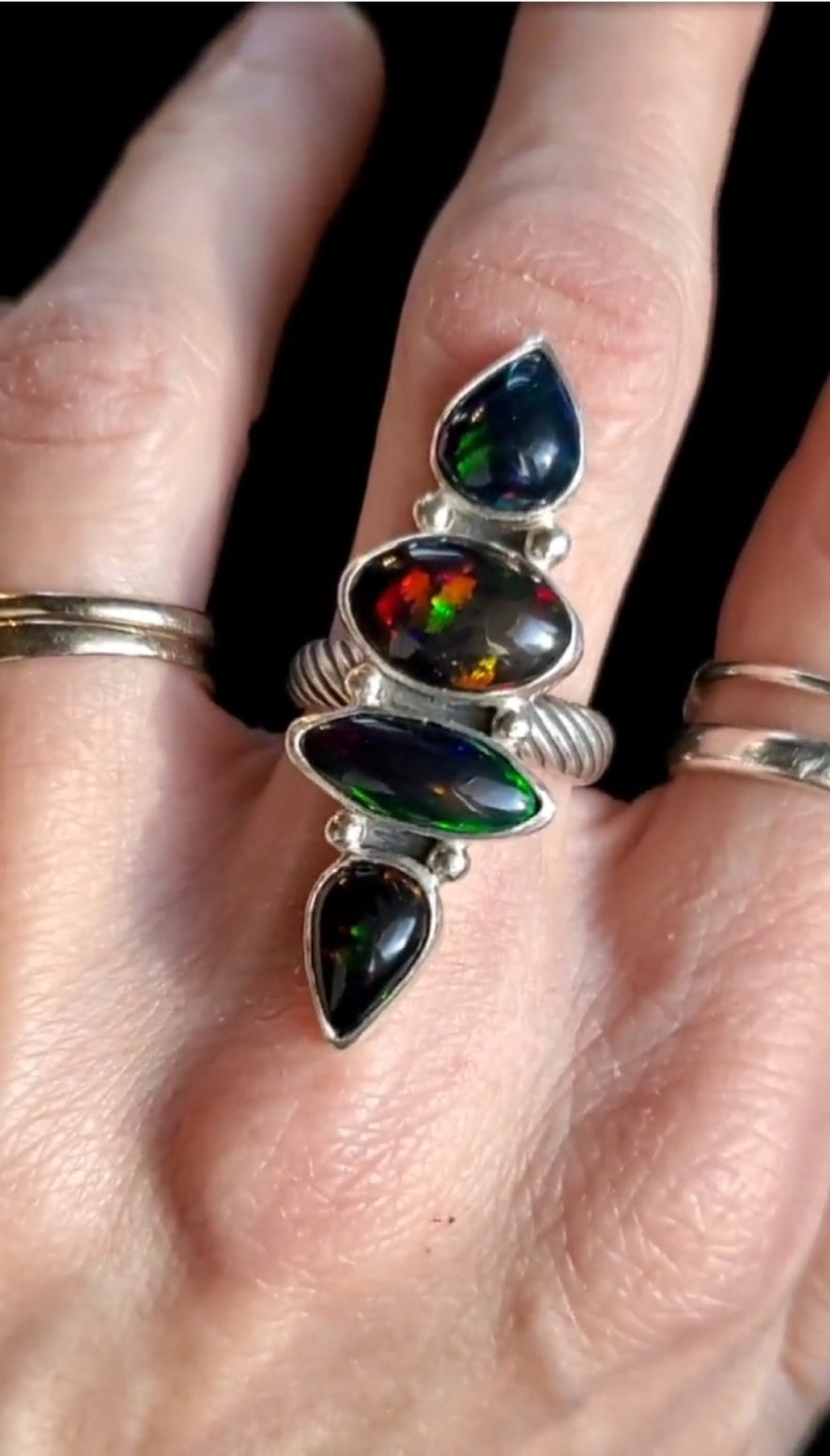 Black Opal Four Stone Statement Ring In Solid Sterling Silver