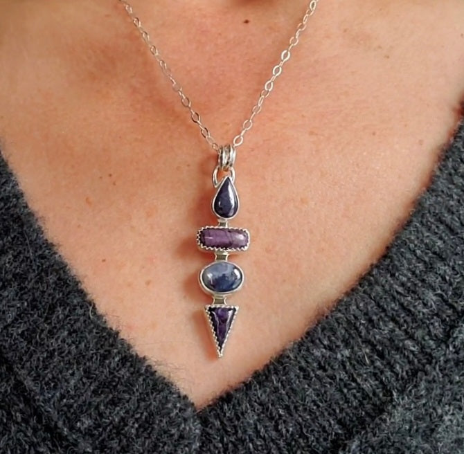 Deep Purple Sugilite Multi Stone Long Pendant Necklace in Solid Sterling Silver