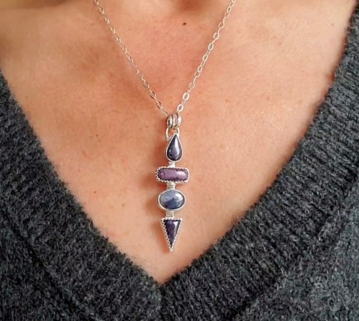 Deep Purple Sugilite Multi Stone Long Pendant Necklace in Solid Sterling Silver
