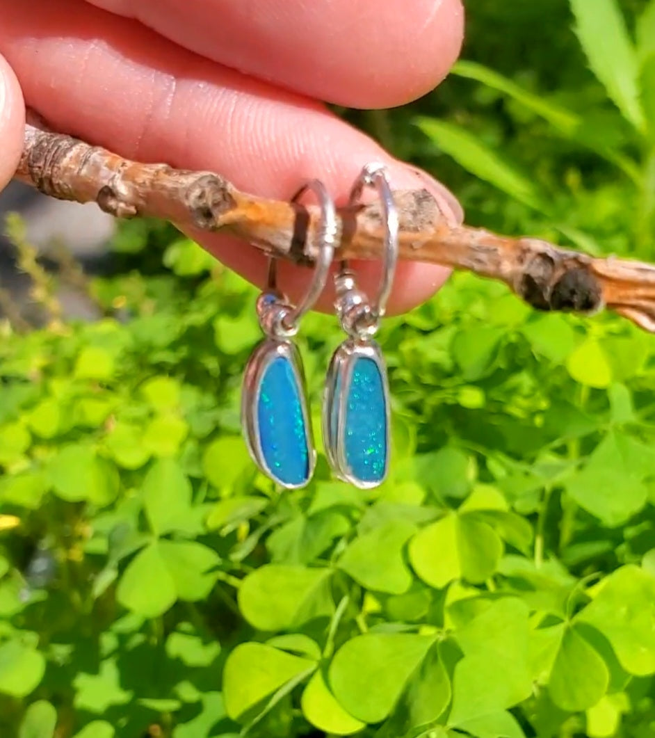 Australian Opal Hoop Dangle Earrings in Solid Sterling Silver