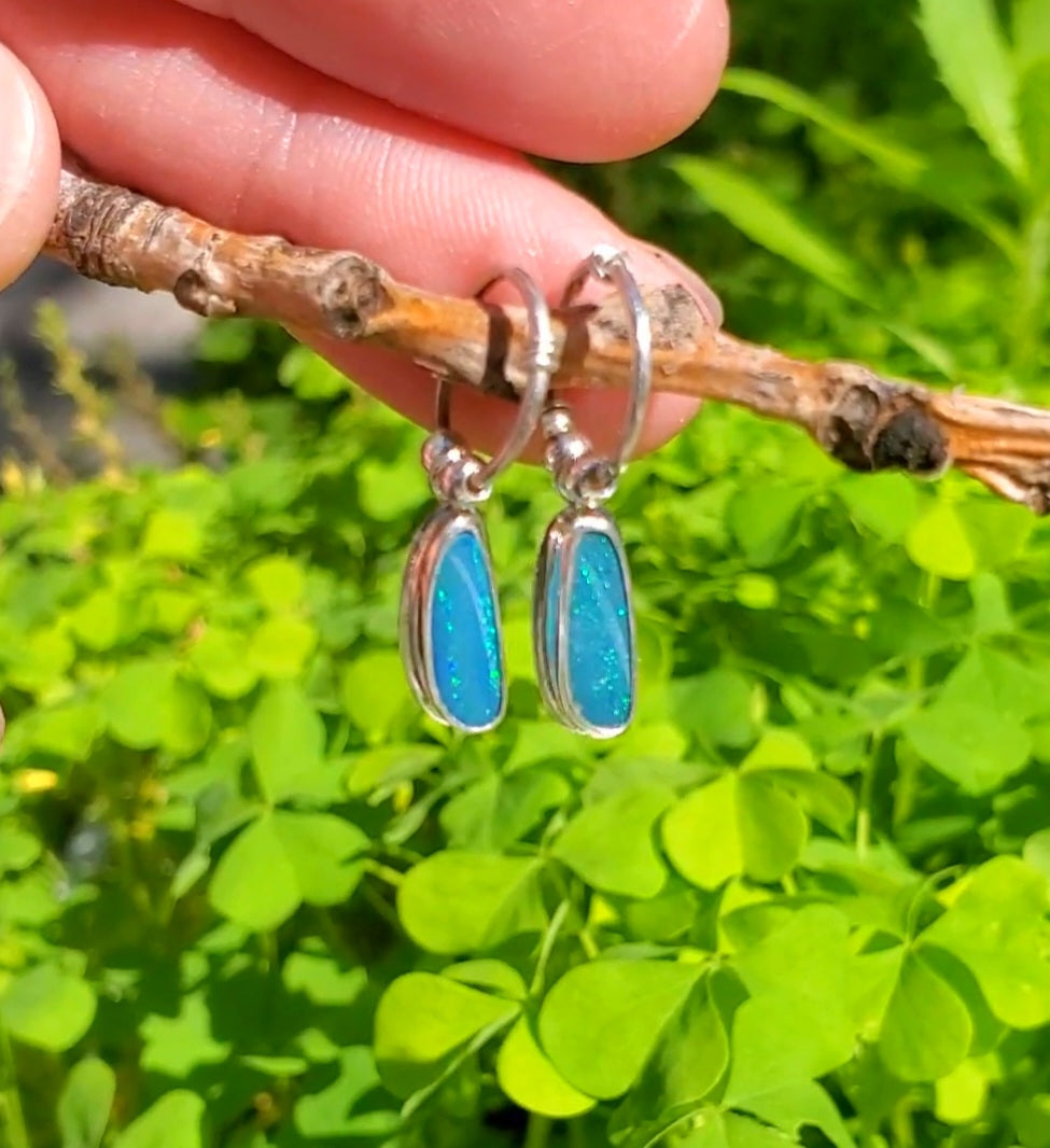 Australian Opal Hoop Dangle Earrings in Solid Sterling Silver