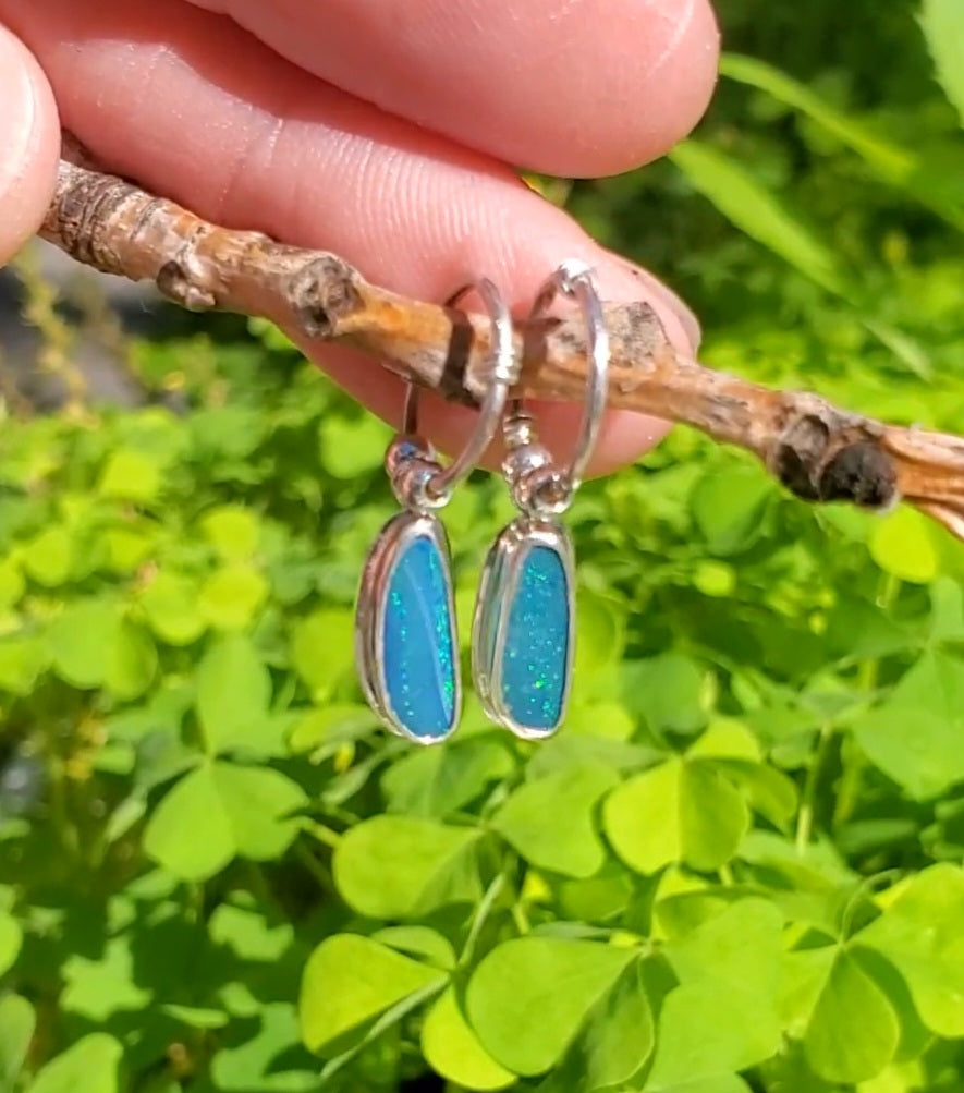 Australian Opal Hoop Dangle Earrings in Solid Sterling Silver