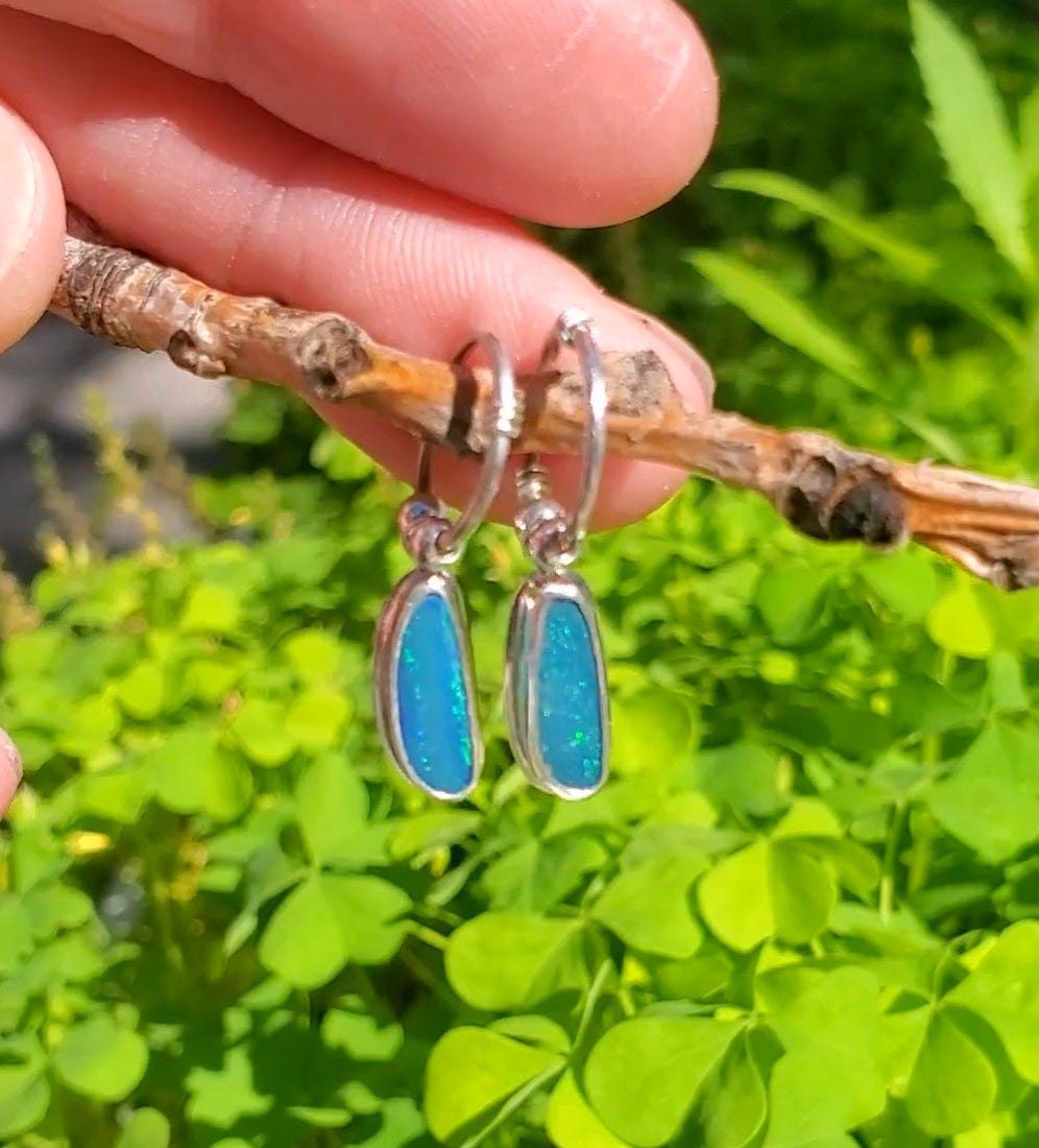 Australian Opal Hoop Dangle Earrings in Solid Sterling Silver