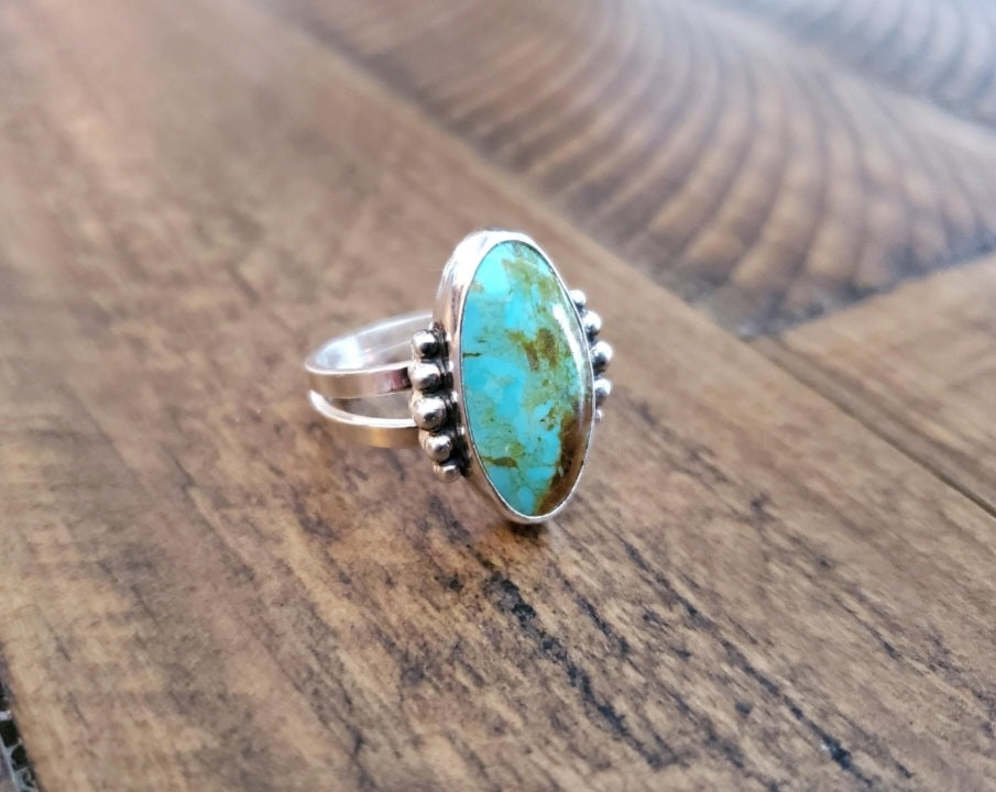Stella Blue Turquoise Southwestern Style Statement Ring in Solid Sterling Silver. Size 7.5
