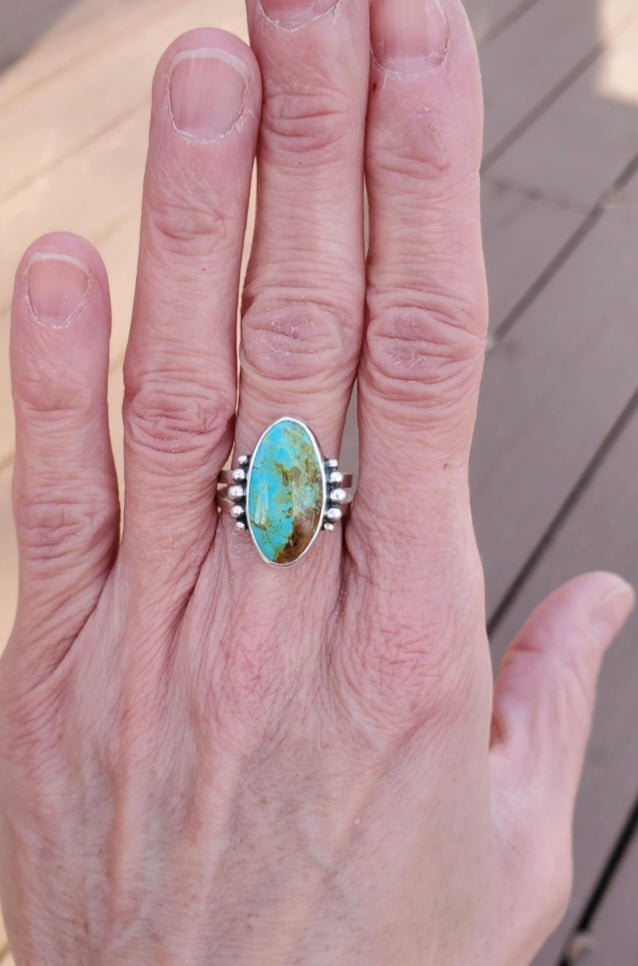 Stella Blue Turquoise Southwestern Style Statement Ring in Solid Sterling Silver. Size 7.5