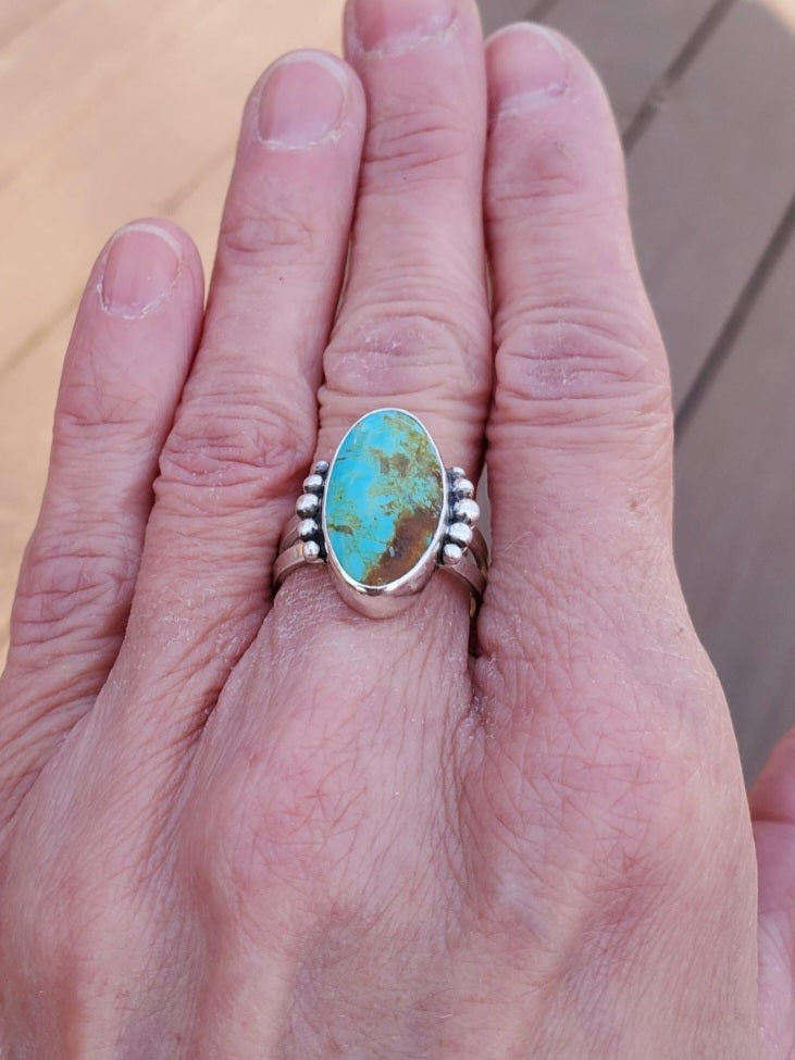 Stella Blue Turquoise Southwestern Style Statement Ring in Solid Sterling Silver. Size 7.5