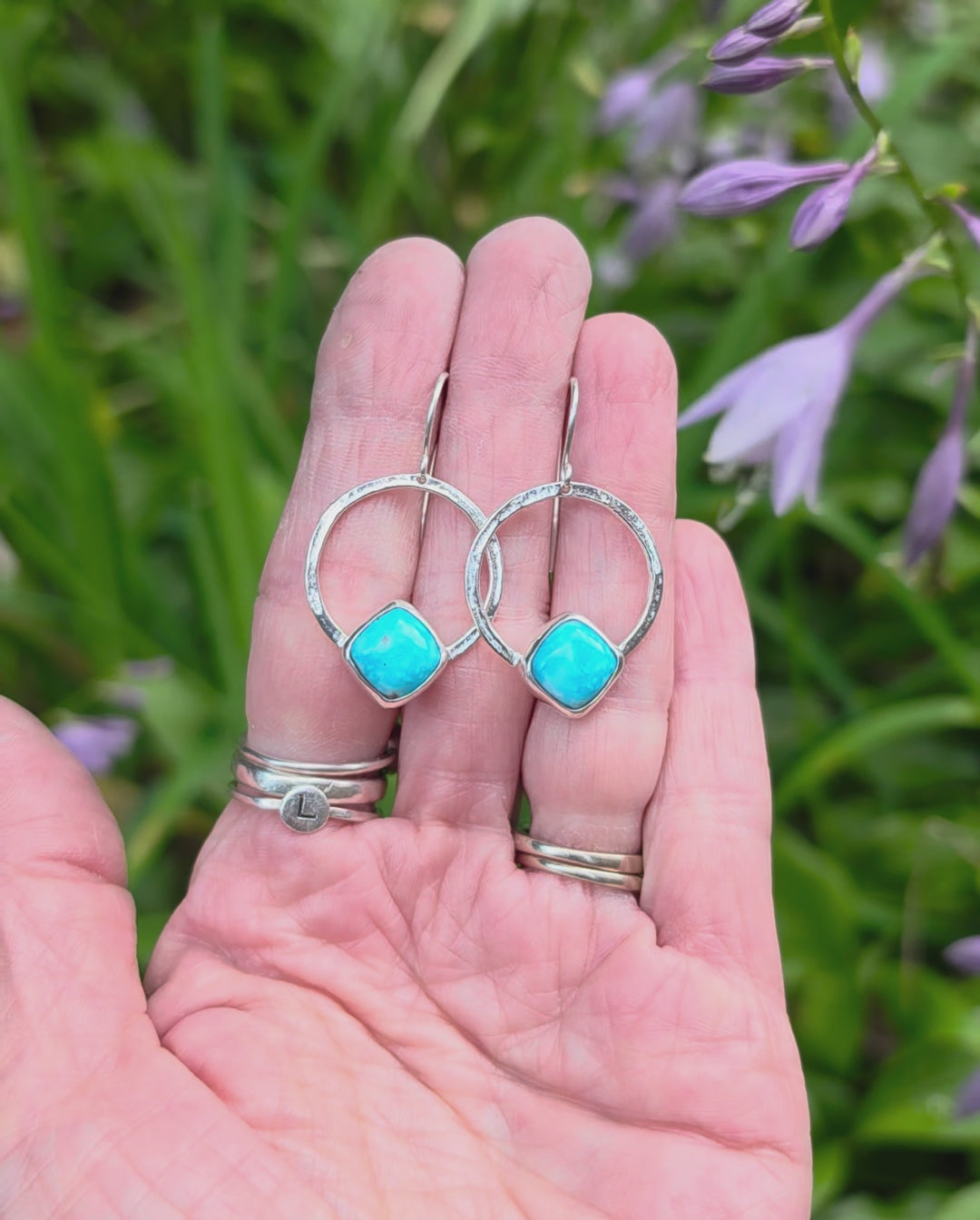 Whitewater Turquoise Square/Diamond Hoop Earrings In Solid Sterling Silver