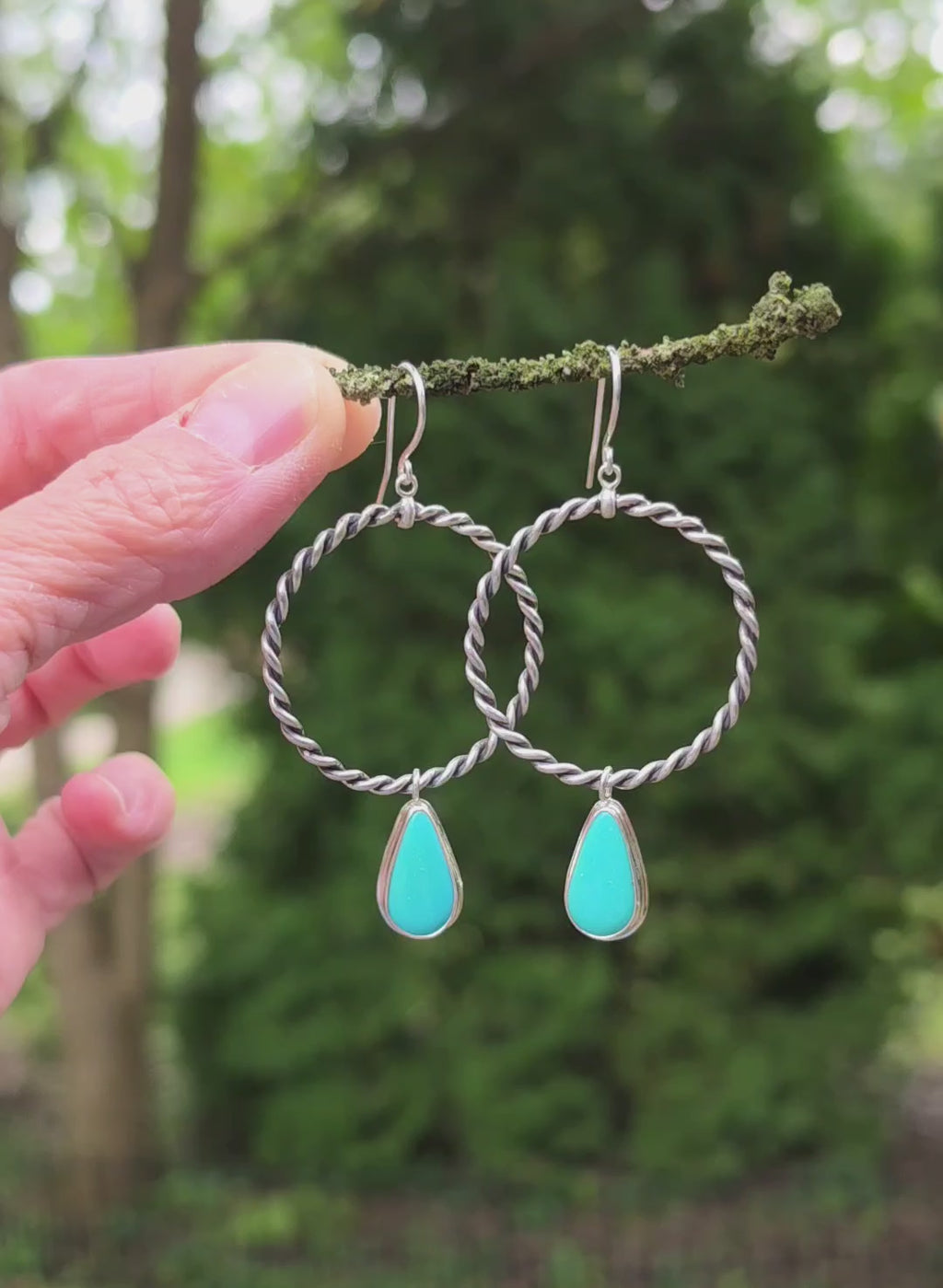Sleeping Beauty Turquoise Rope Hoop Dangle Earrings in Solid Sterling Silver