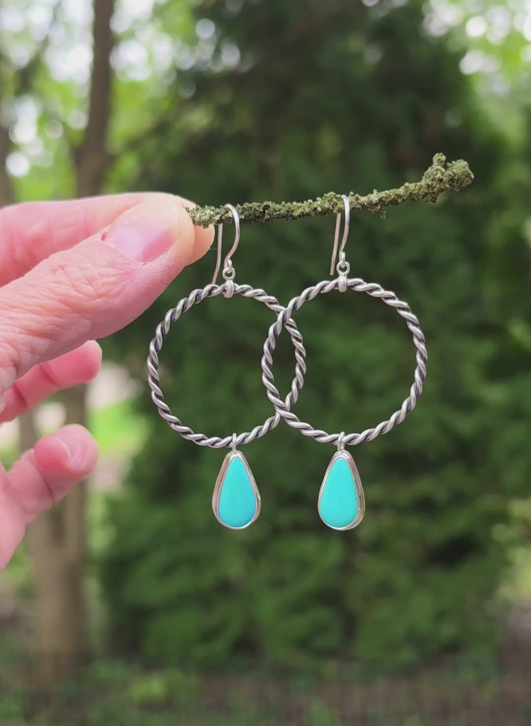 Sleeping Beauty Turquoise Rope Hoop Dangle Earrings in Solid Sterling Silver