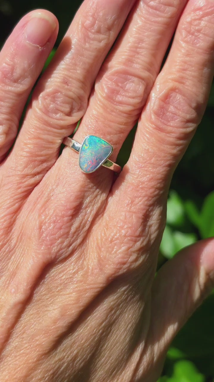 Australian Opal Triangular Statement Ring In Solid Sterling Silver. Size 6.75