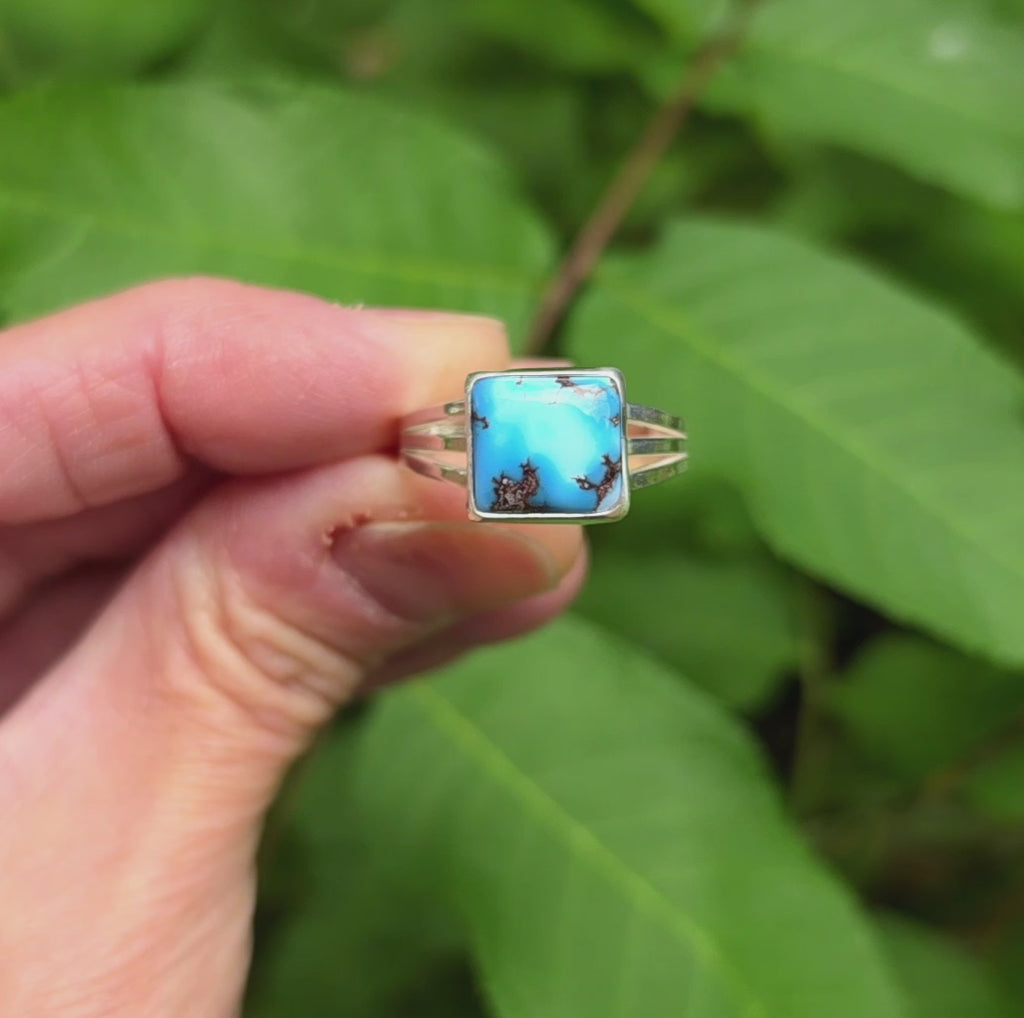 Golden Hills Turquoise Square Ring Triple Split Shank in Solid Sterling Silver. Size 9