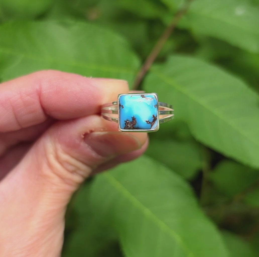 Golden Hills Turquoise Square Ring Triple Split Shank in Solid Sterling Silver. Size 9