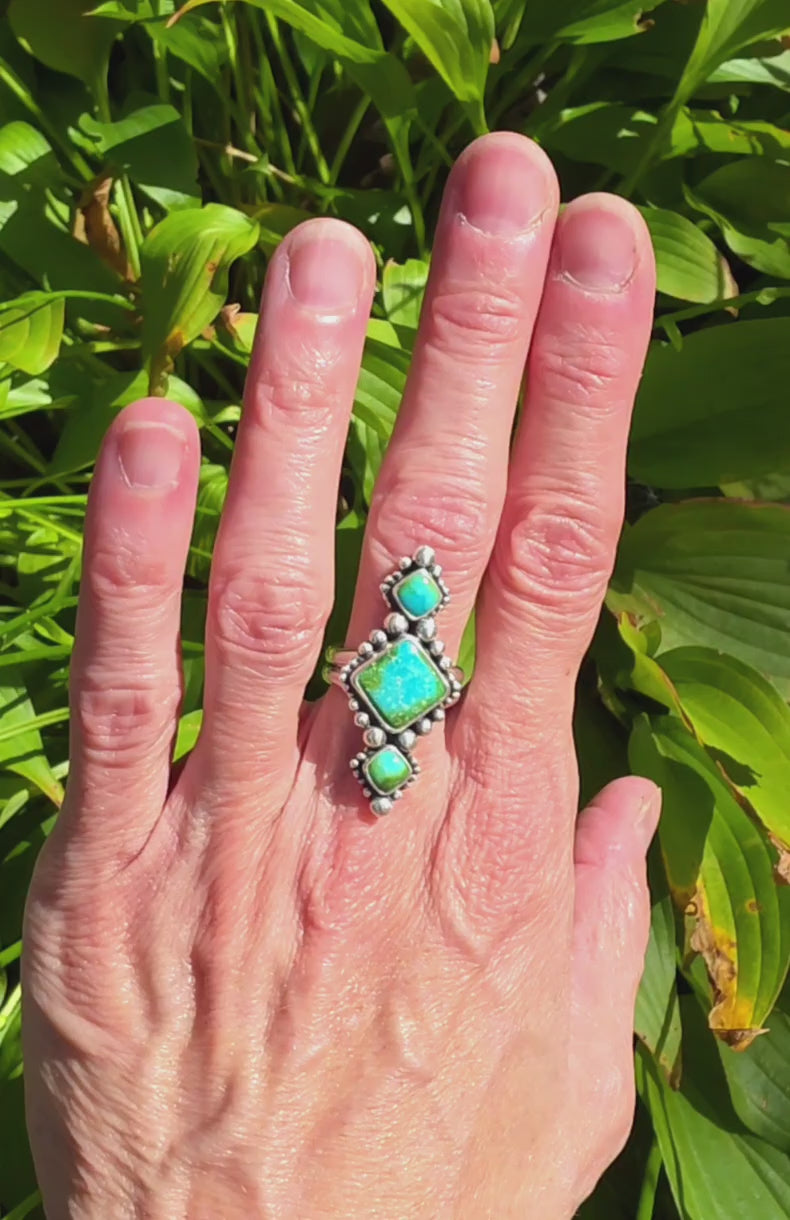 Sonoran Gold Turquoise Statement Ring in Solid Sterling Silver with Split Shand Band. Size 7