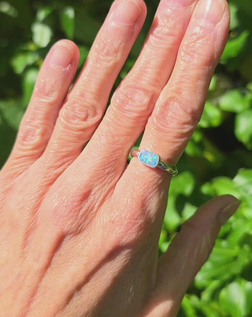 Australian Opal Rectangular Statement Ring in Solid Sterling Silver. Size 6